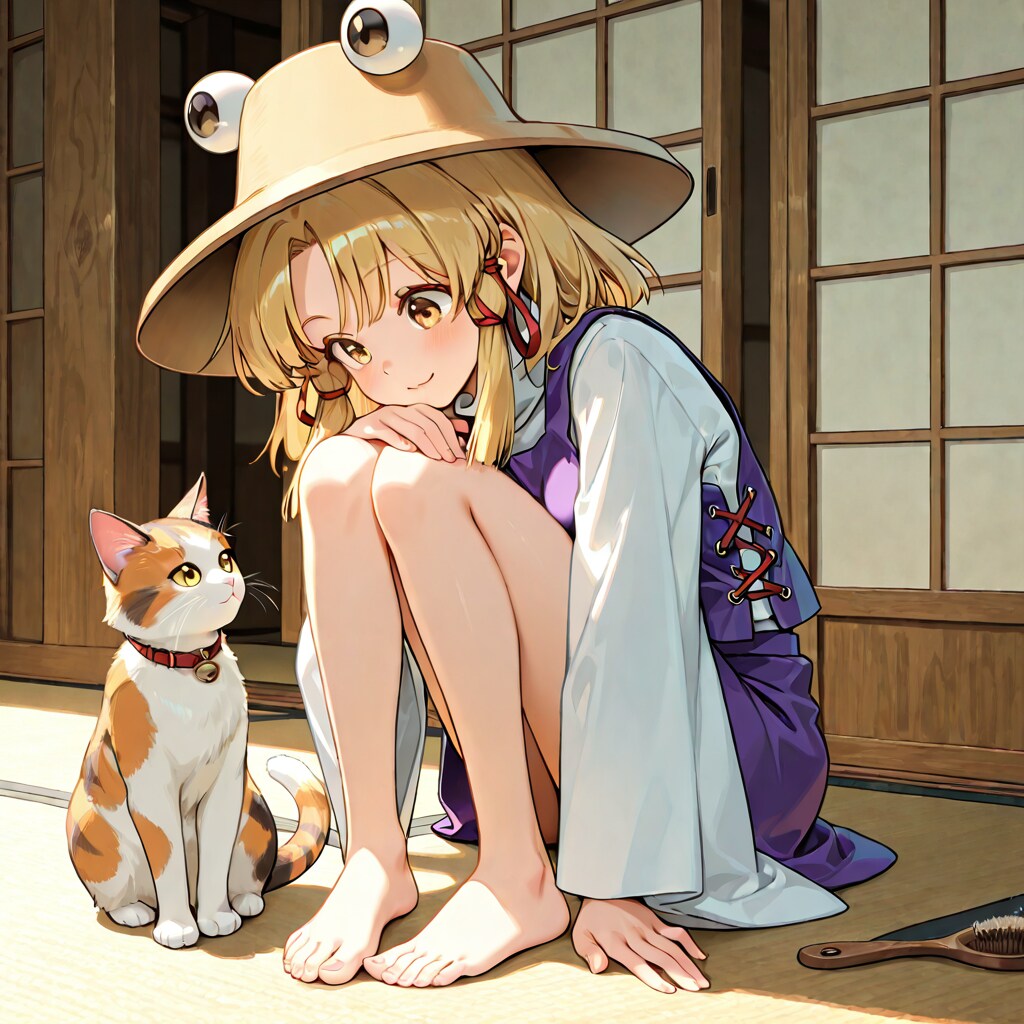 部屋で猫と過ごす諏訪子