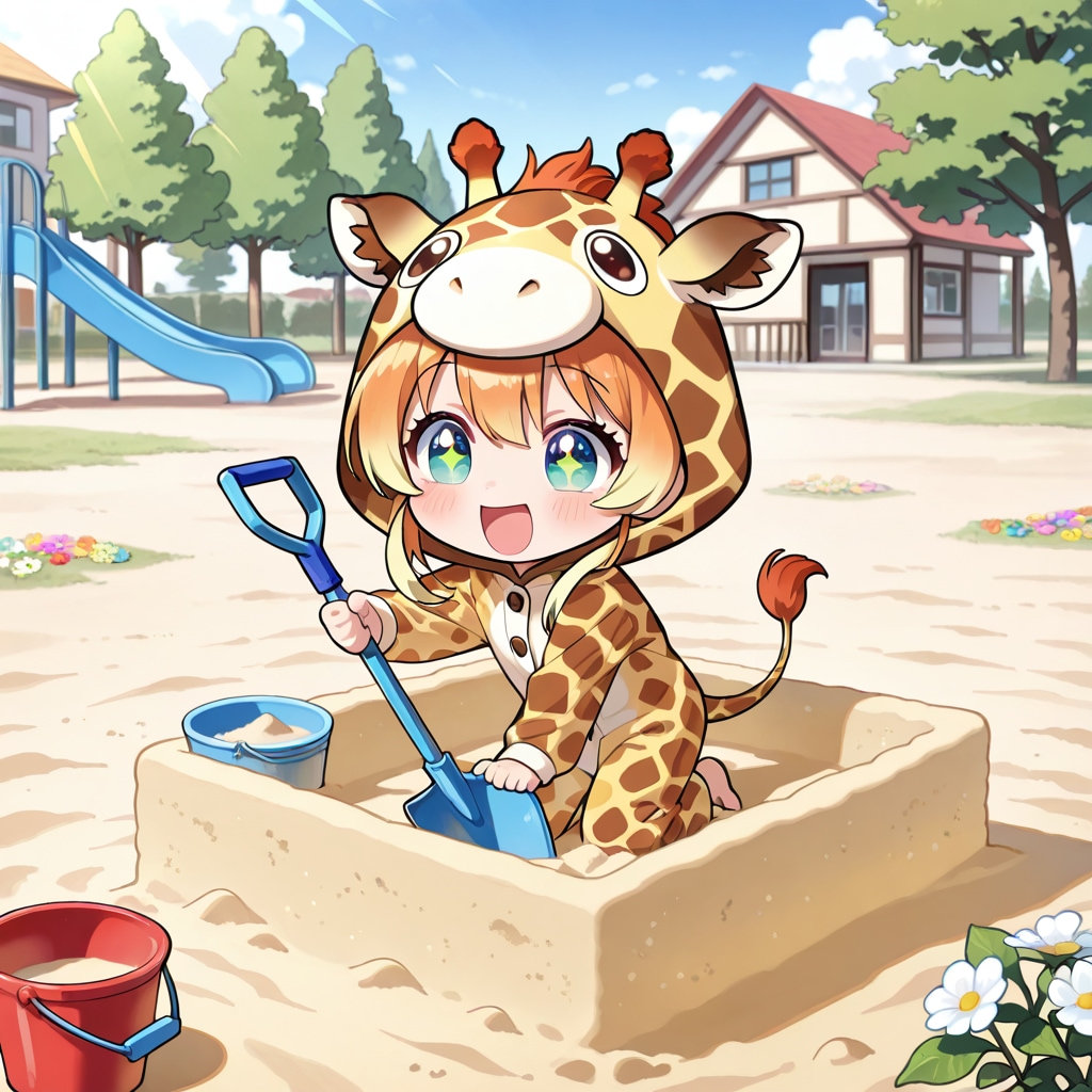 砂遊びを楽しむキリン着ぐるみちび子ちゃん