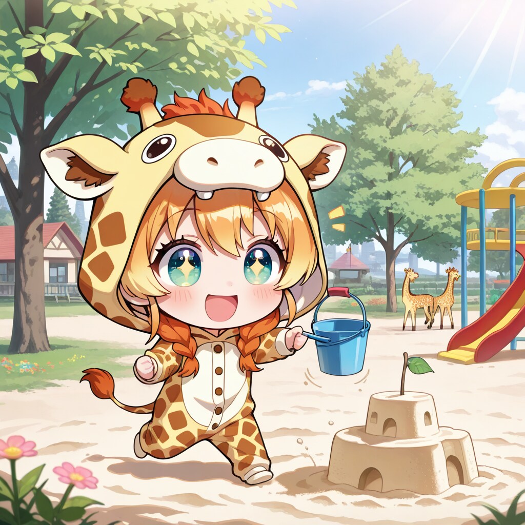 砂遊びを楽しむキリン着ぐるみちび子ちゃん | の人気AIイラスト・グラビア