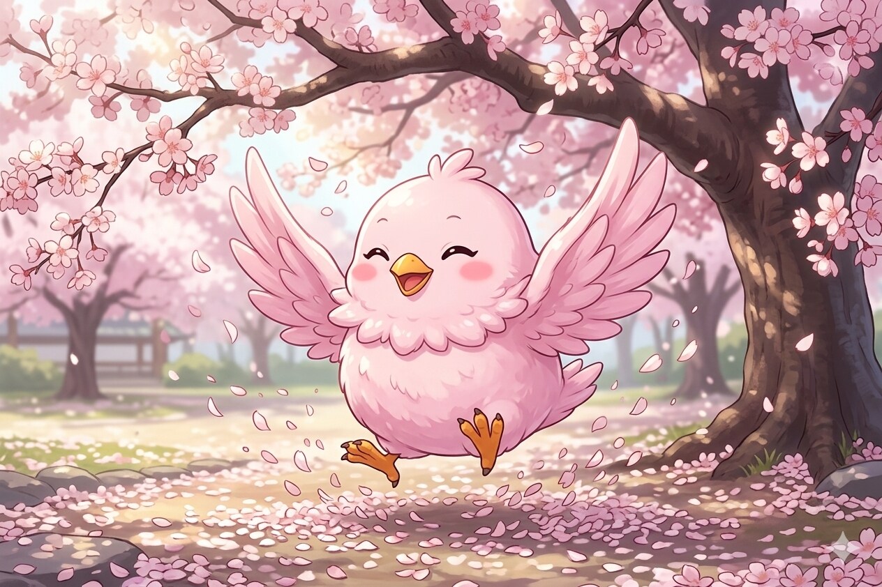 【借】桜の木の下で笑顔で踊るもふぴよちゃん