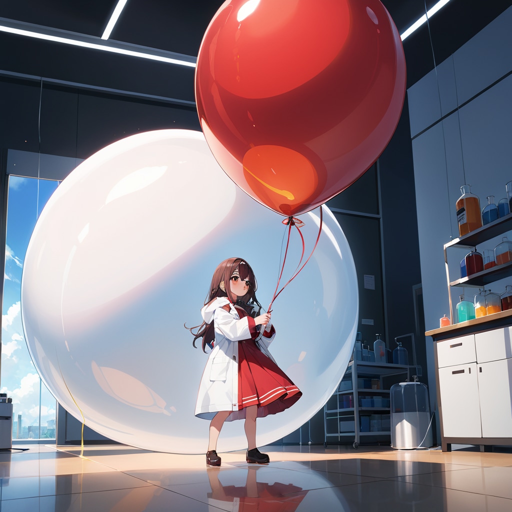 実験室で赤と白の巨大風船を膨らませて遊ぶ白衣の美女