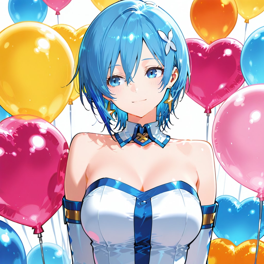 いっぱい風船を持つ青い髪ショートカットの美女アナウンサー
