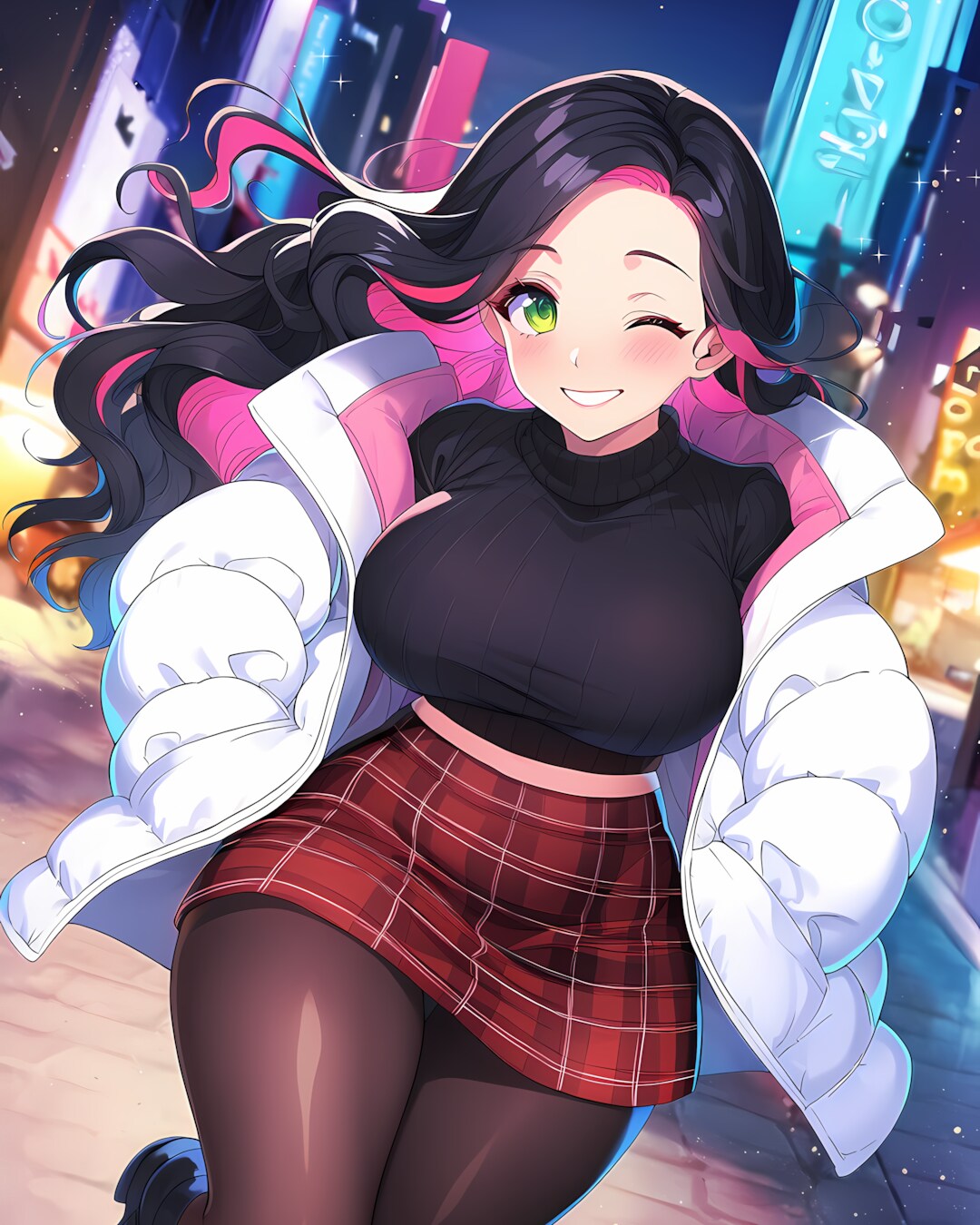 🌃夜の街で待ち合わせ！✨白ダウンのストリートギャル | の人気AIイラスト・グラビア