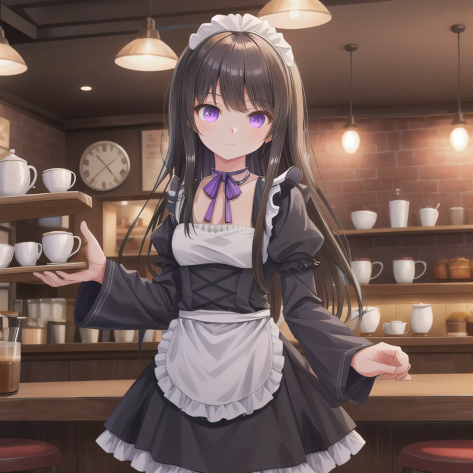 黒髪ロングでカフェの少女２１ | の人気AIイラスト・グラビア