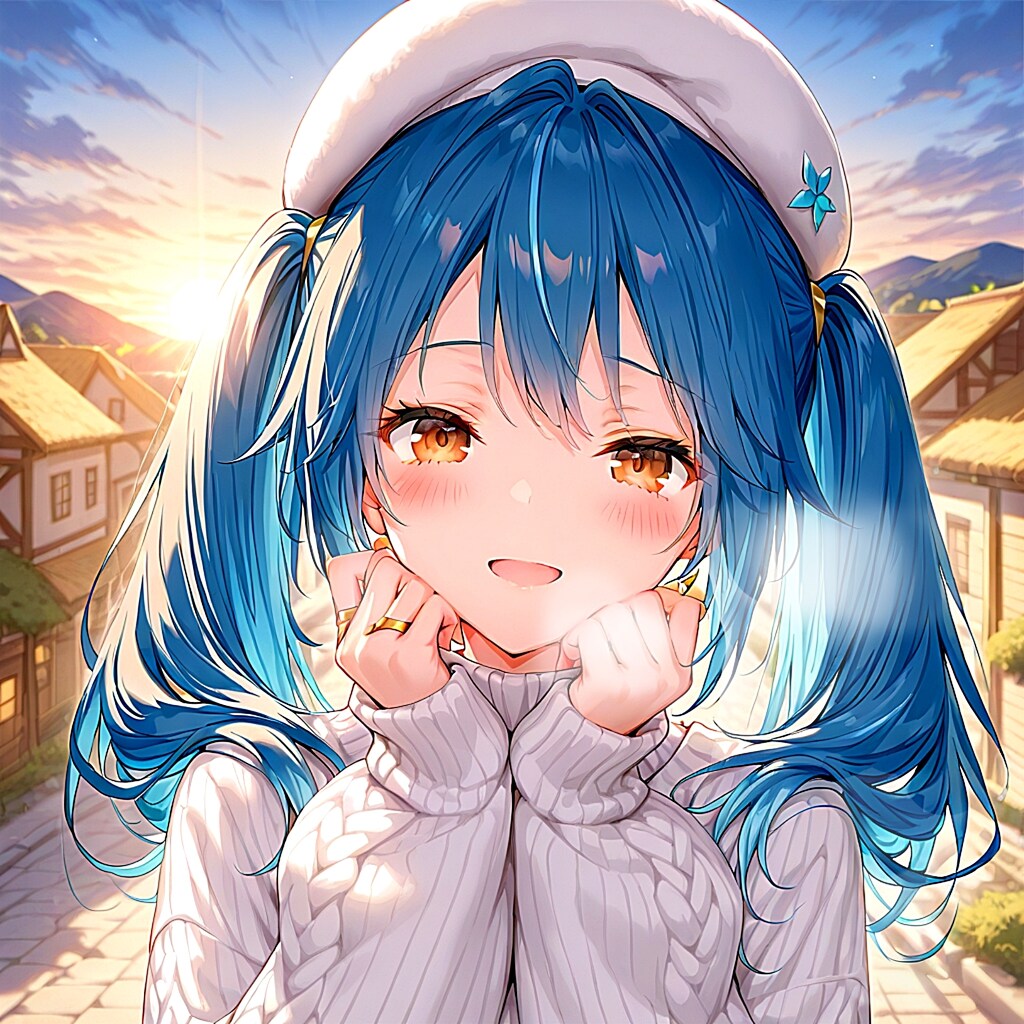 冬の日の出を青髪の女の子と迎える