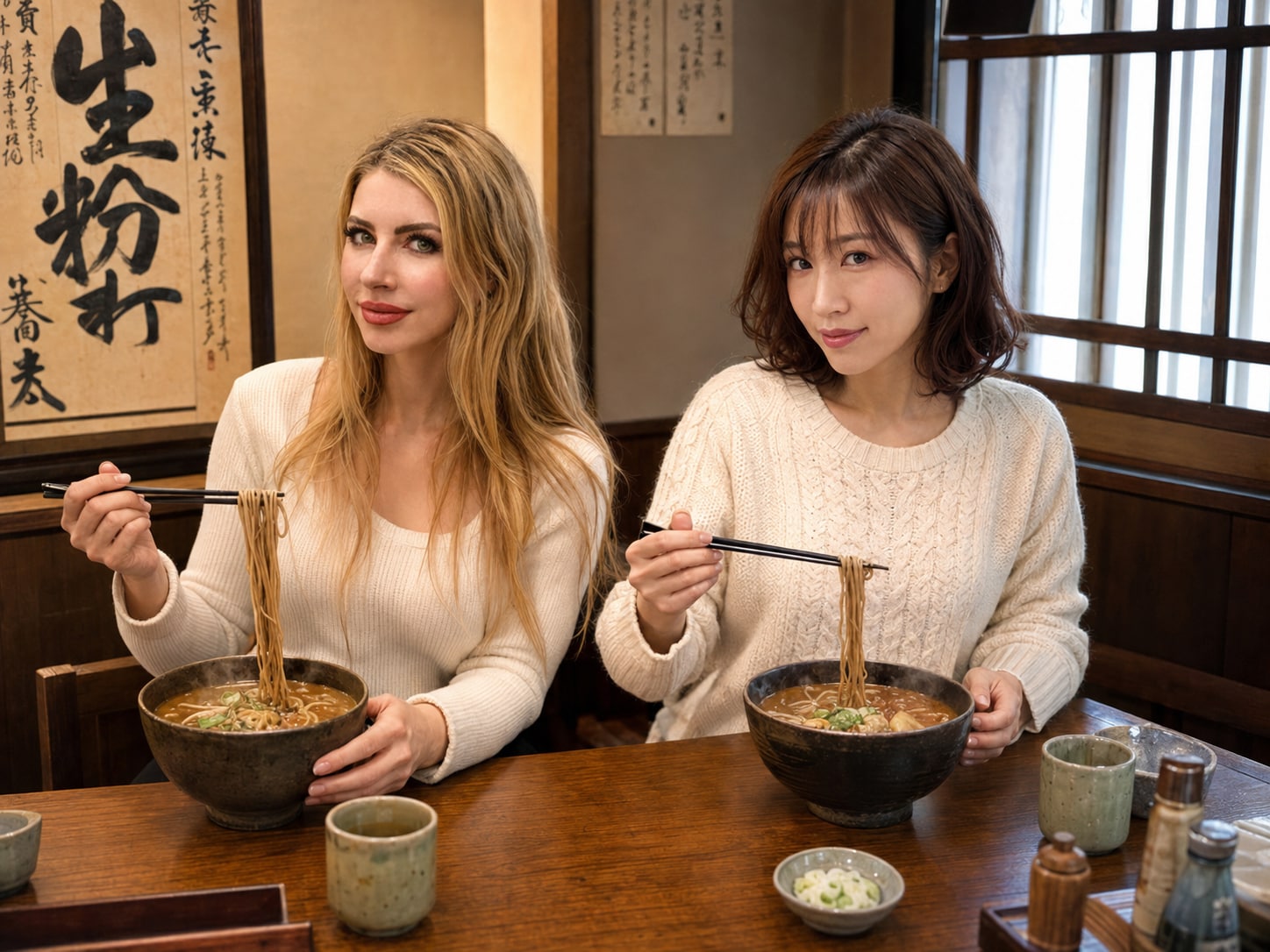 金髪美女とカレーうどん（そば？）