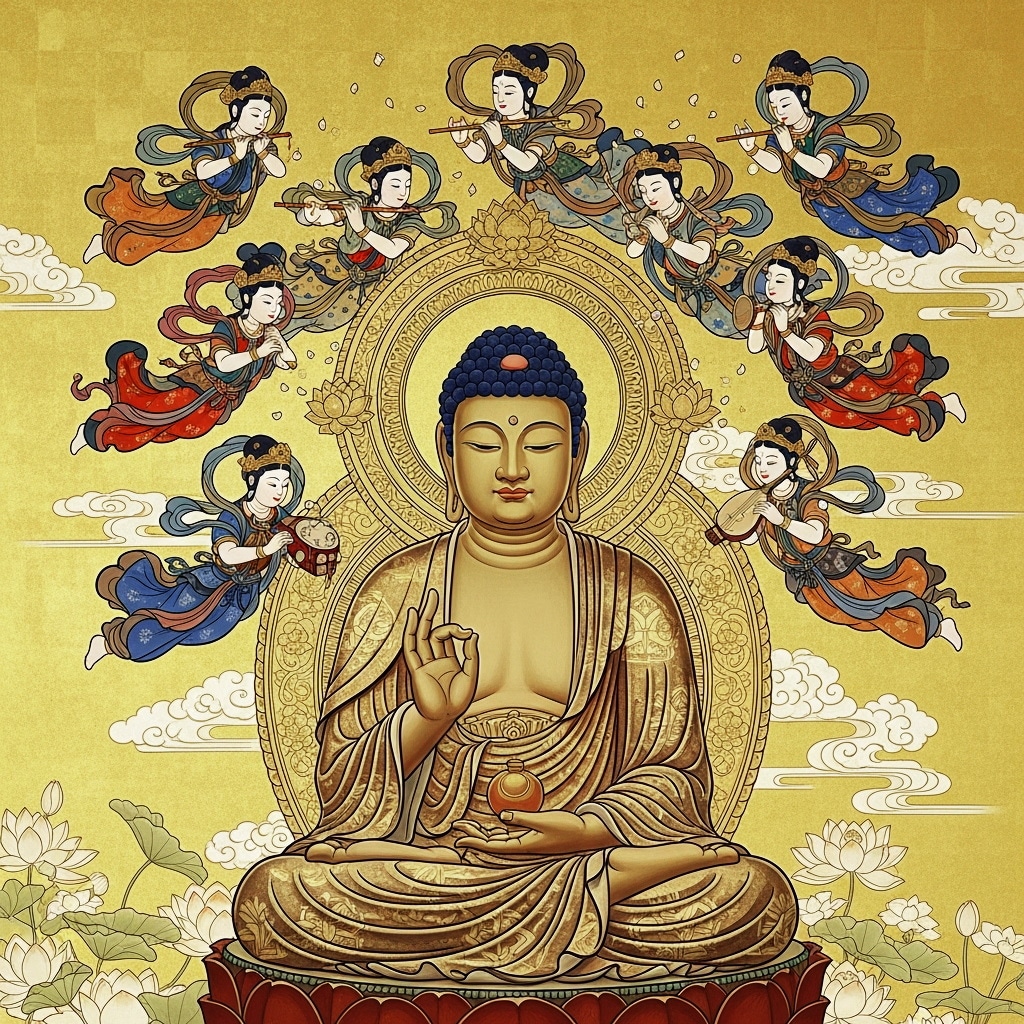 阿弥陀如来坐像と飛天