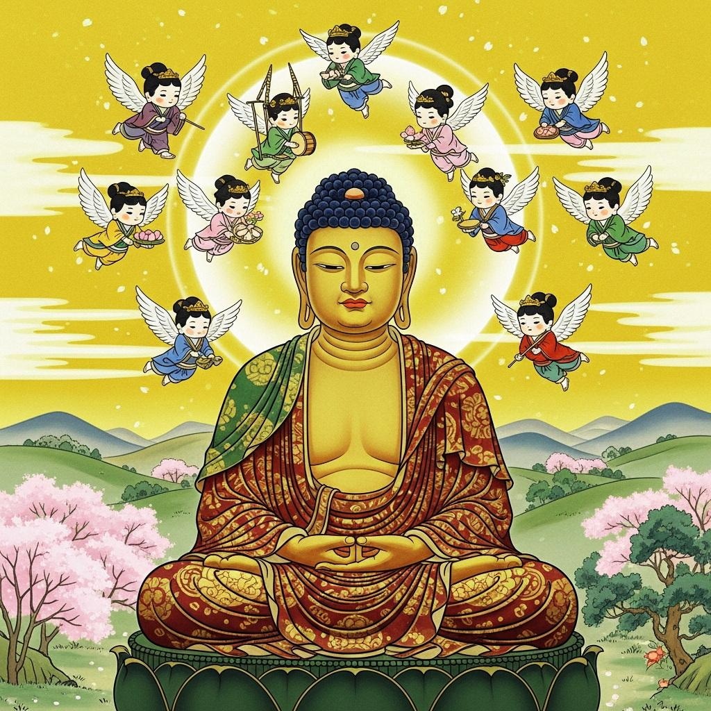 阿弥陀如来坐像と飛天