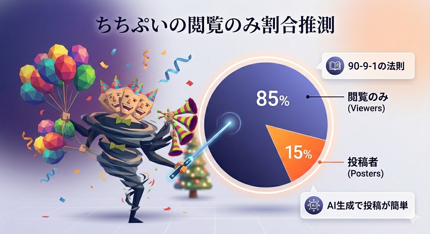 ちちぷいを「閲覧のみ（または評価・ブクマのみ）」：8割〜9割　「実際に投稿している」：1割〜2割