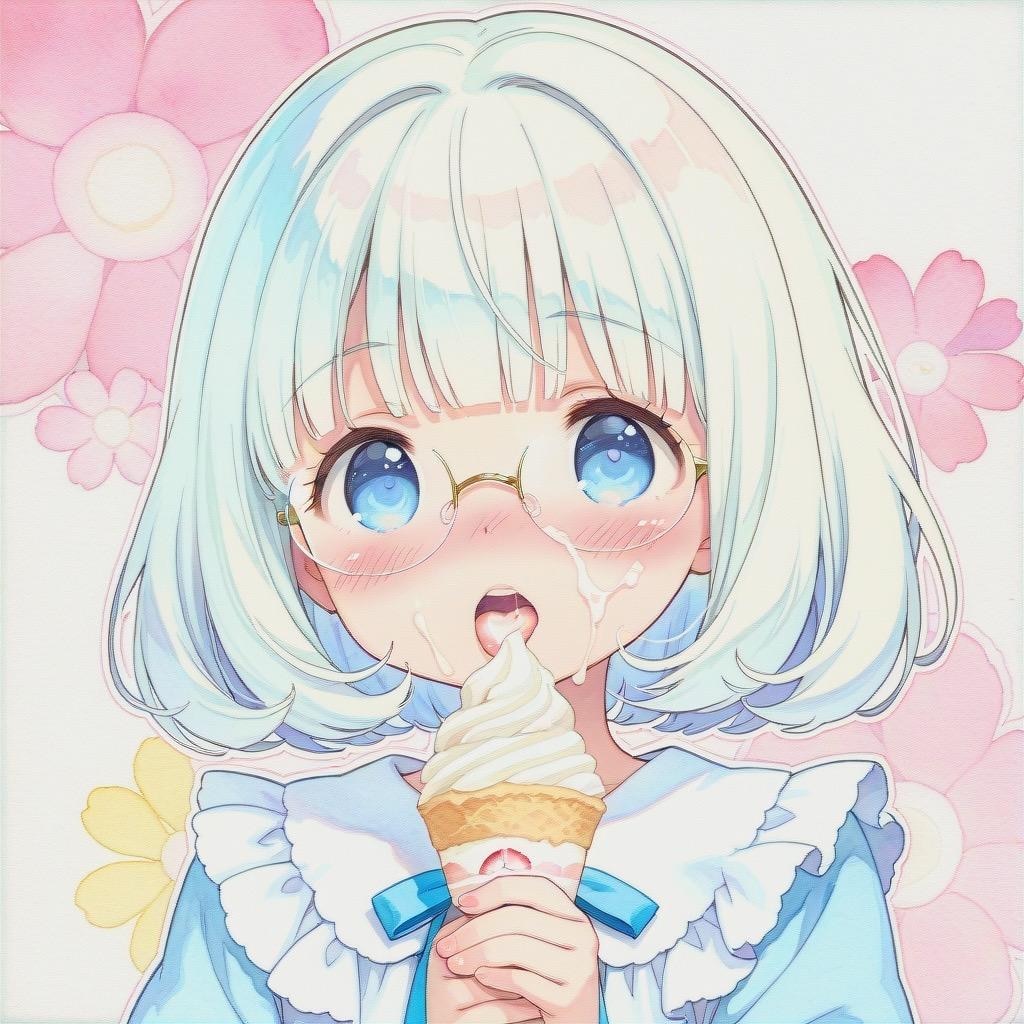 少女には大きすぎて顔いっぱいにクリームが…