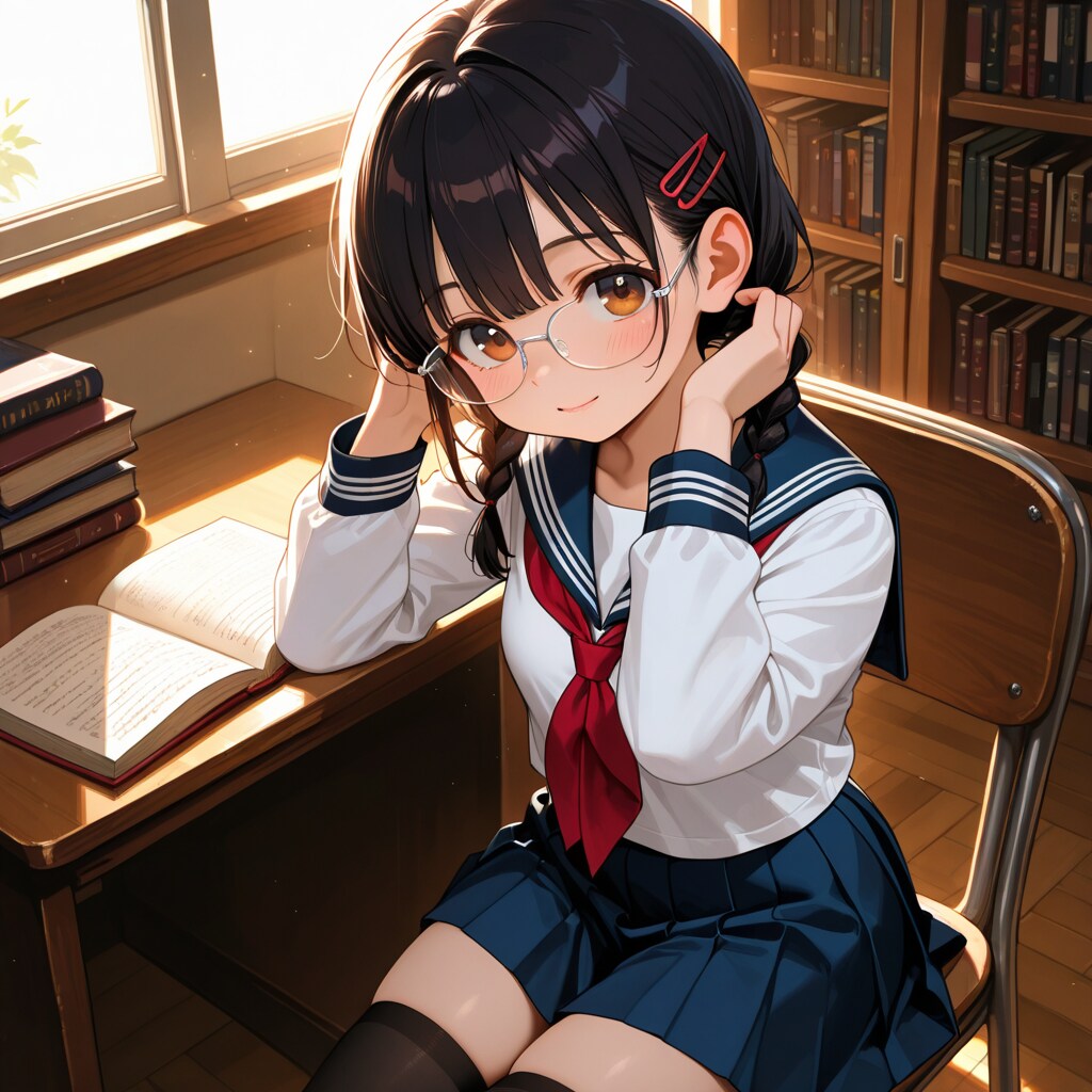 眼鏡三つ編み少女