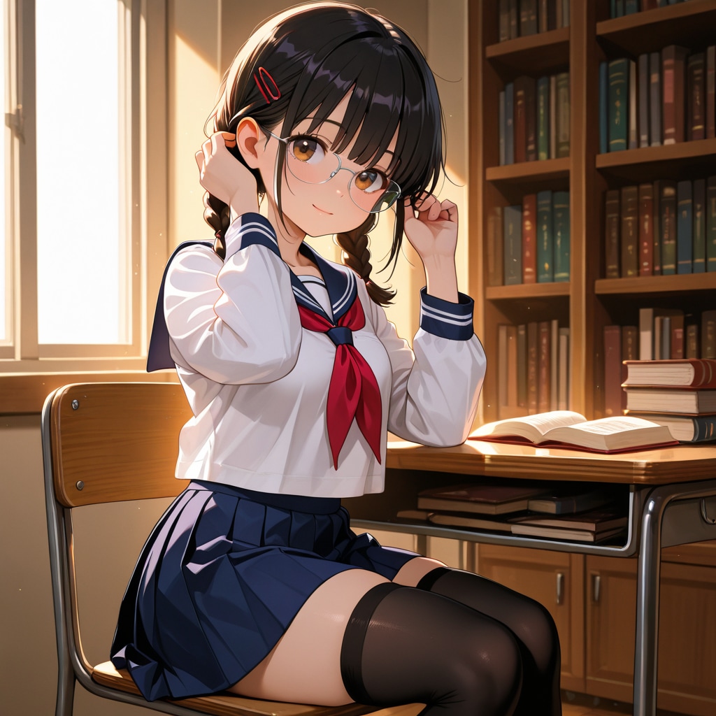 眼鏡三つ編み少女