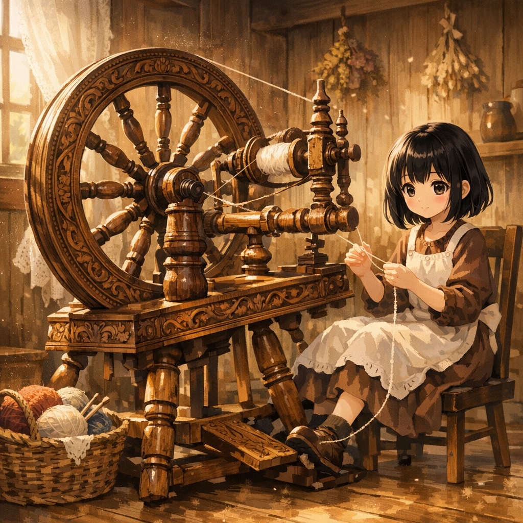 糸巻き車で糸を紡ぐ女の子