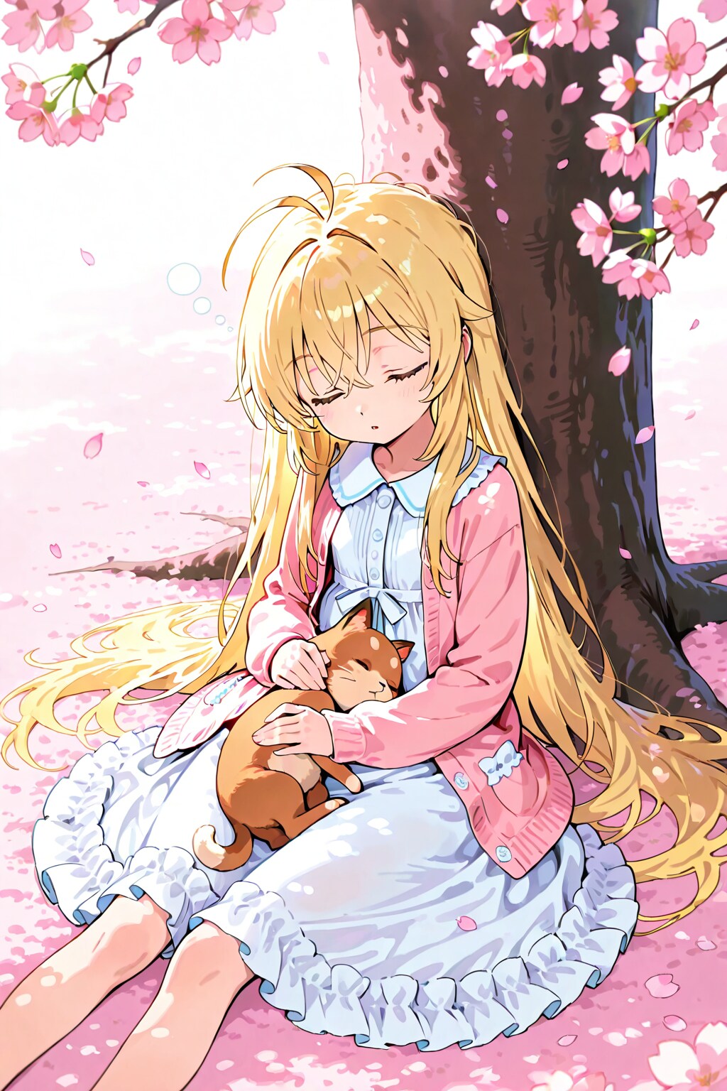 桜の木の下で眠る金髪ちゃん