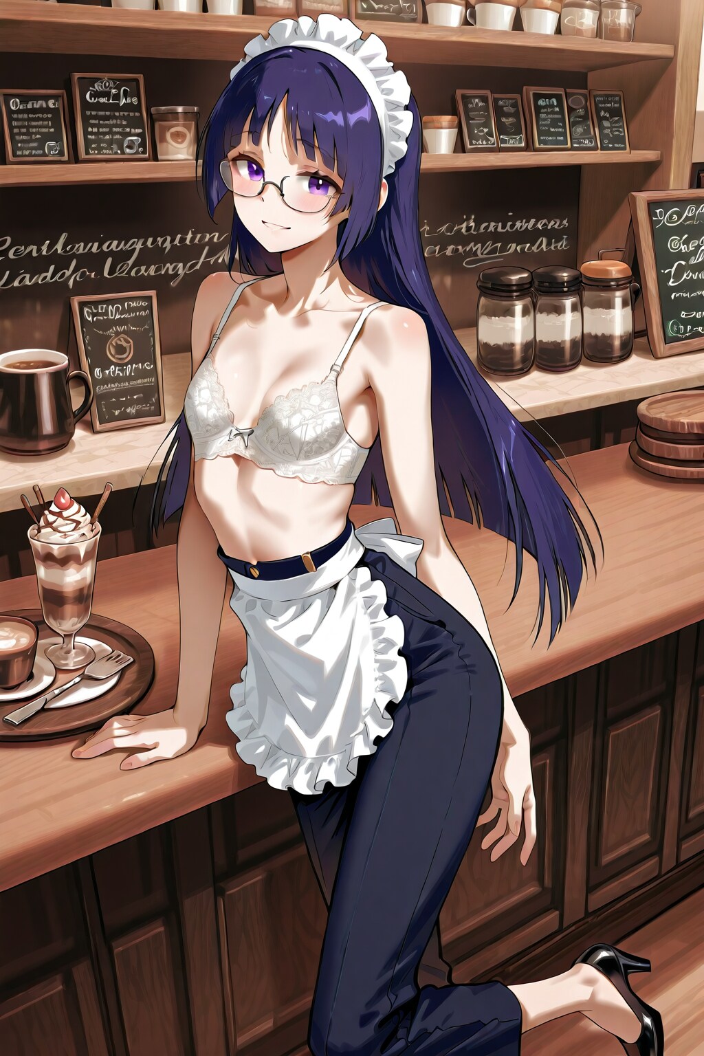 ブラ姿のカフェウェイトレス