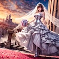 戦時下のウェディングアーマーをまとった姫が夕日に照らされ、馬車に乗って迎える結婚式 12枚目