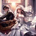 戦時下のウェディングアーマーをまとった姫が夕日に照らされ、馬車に乗って迎える結婚式 7枚目