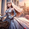 戦時下のウェディングアーマーをまとった姫が夕日に照らされ、馬車に乗って迎える結婚式 4枚目
