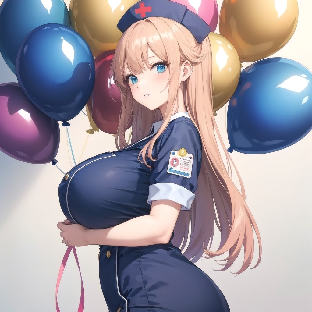 いっぱい色とりどりの風船を持つブラウンロングのナース服着た美女