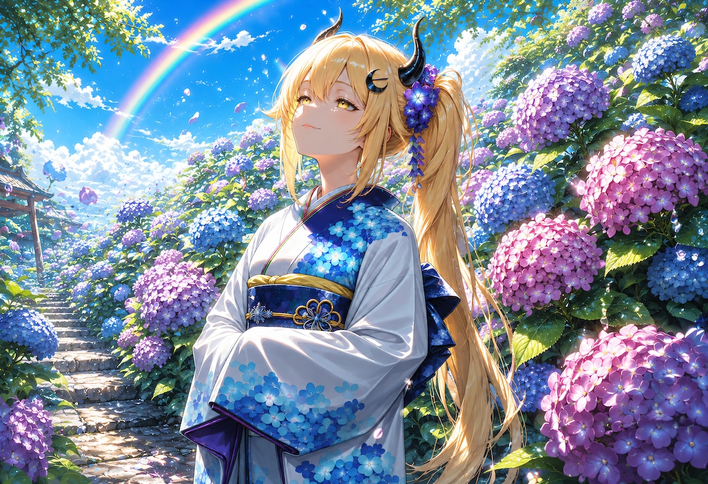 虹と紫陽花と浴衣女鬼高生さん