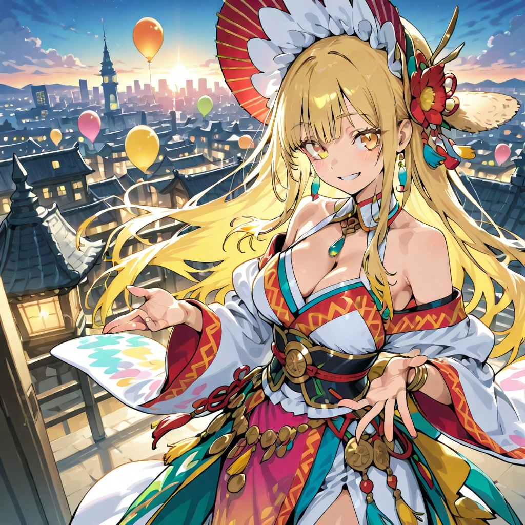 いっぱい色とりどりの服装を持つ黄色髪ロングの大正ロマンの服装した美女 | の人気AIイラスト・グラビア