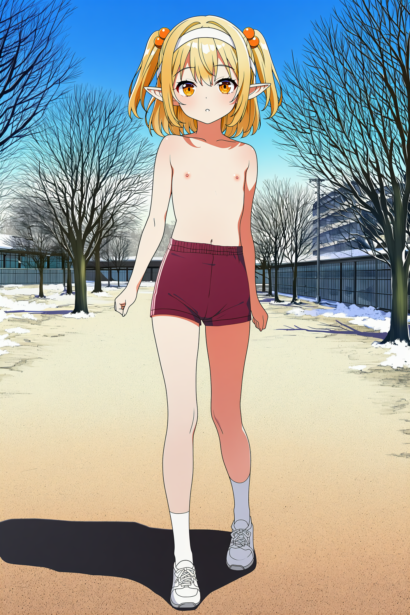 上半身裸+体操着の短パンなエルフさん