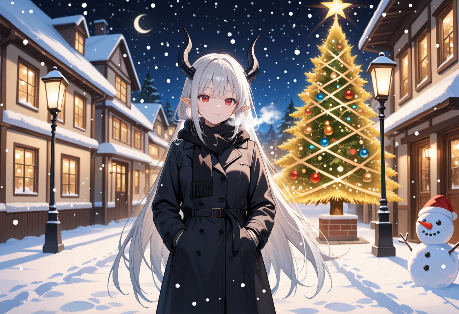 クリスマスの夜の街を歩く銀髪竜姫さん | の人気AIイラスト・グラビア