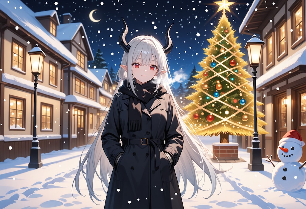 クリスマスの夜の街を歩く銀髪竜姫さん