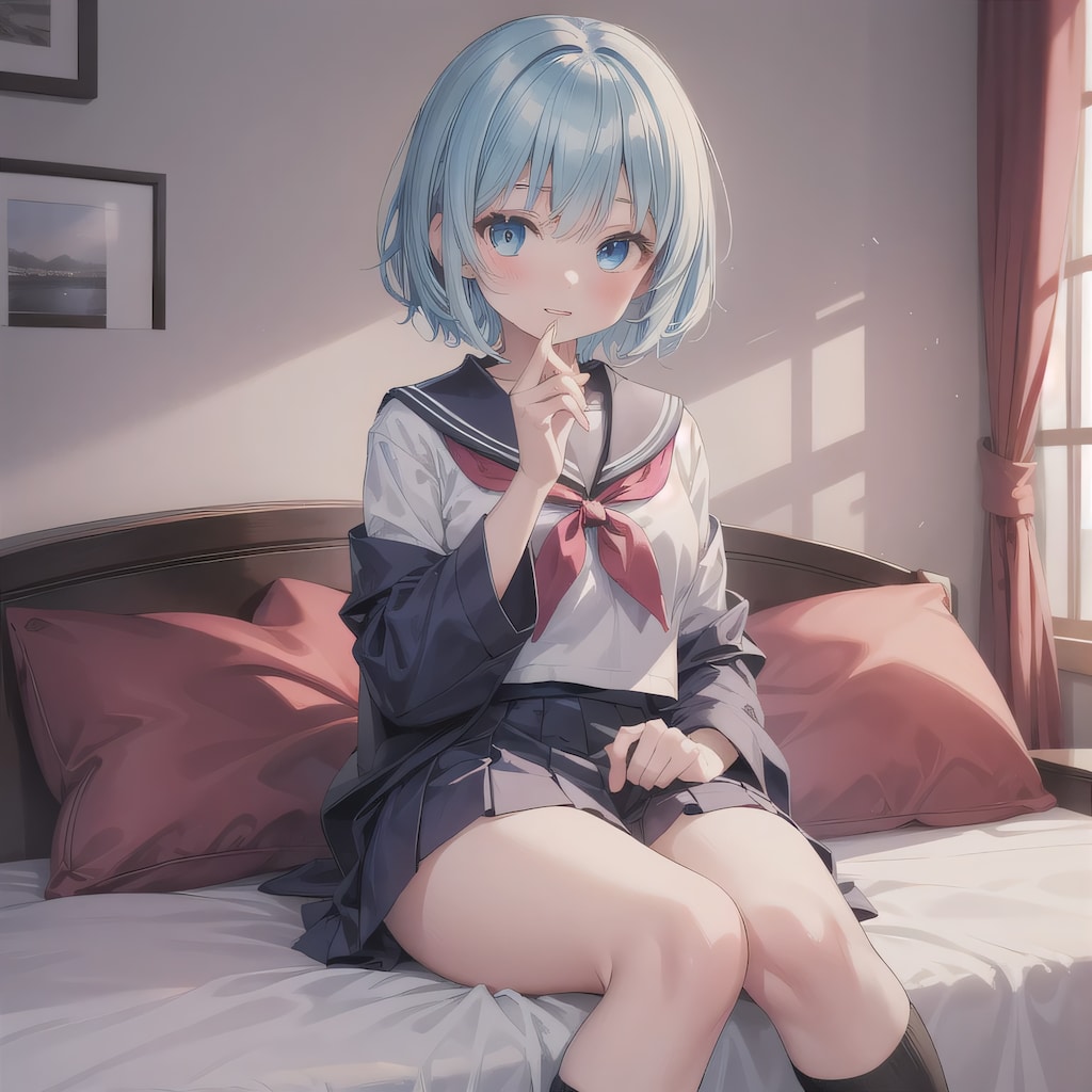 青髪ボブで寝室の少女