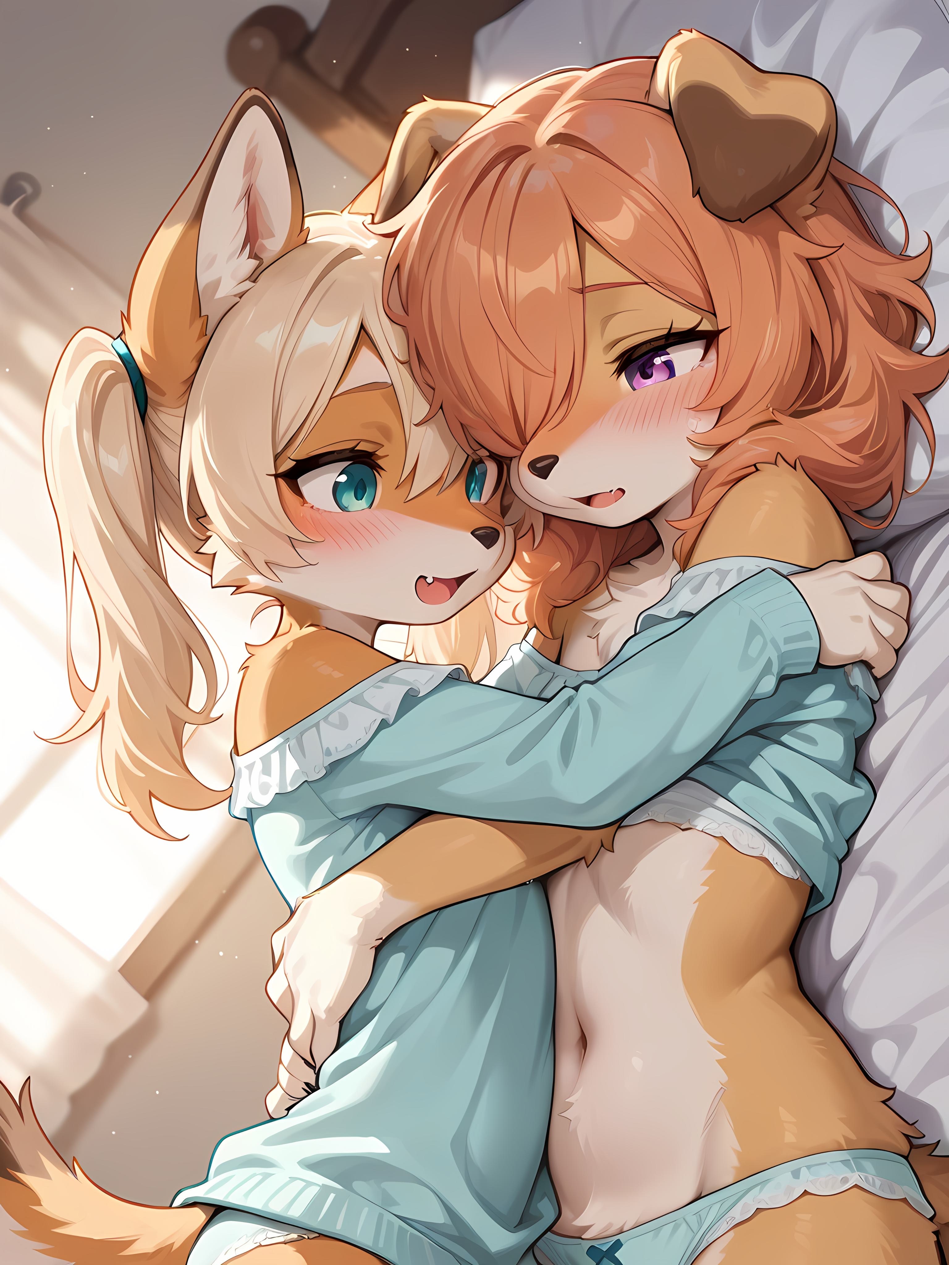 ケモっ娘百合-友達の家の朝『犬娘と狐娘2』 | の人気AIイラスト・グラビア