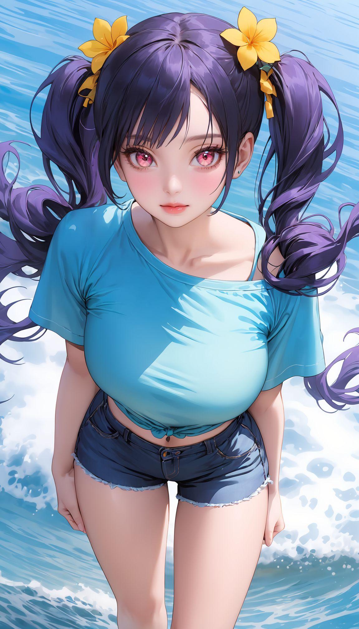 海岸にTシャツ・ショートジーンズ姿で遊びに来た１８歳の美少女のイラスト全身画像