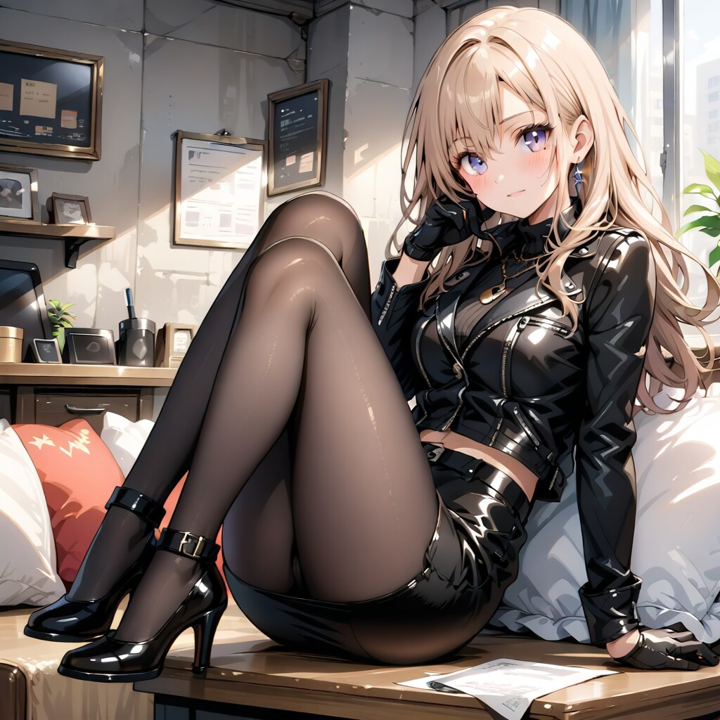 黒革のジャケット、黒革のペンシルスカート、黒いパンスト、黒革の手袋、黒革のハイヒールの女性。