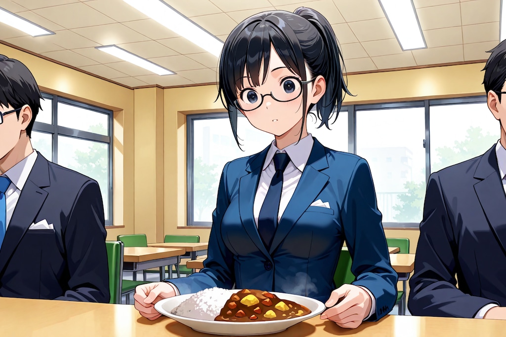 ポニテスーツ眼鏡カレー安木