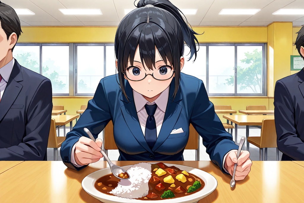 ポニテスーツ眼鏡カレー安木
