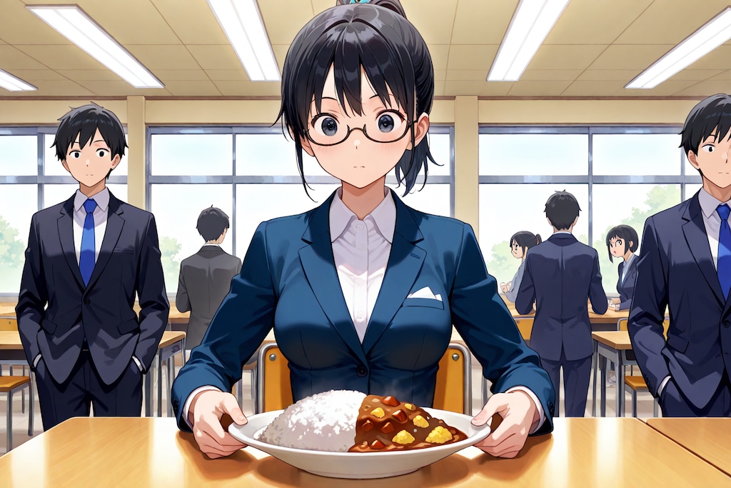 ポニテスーツ眼鏡カレー安木