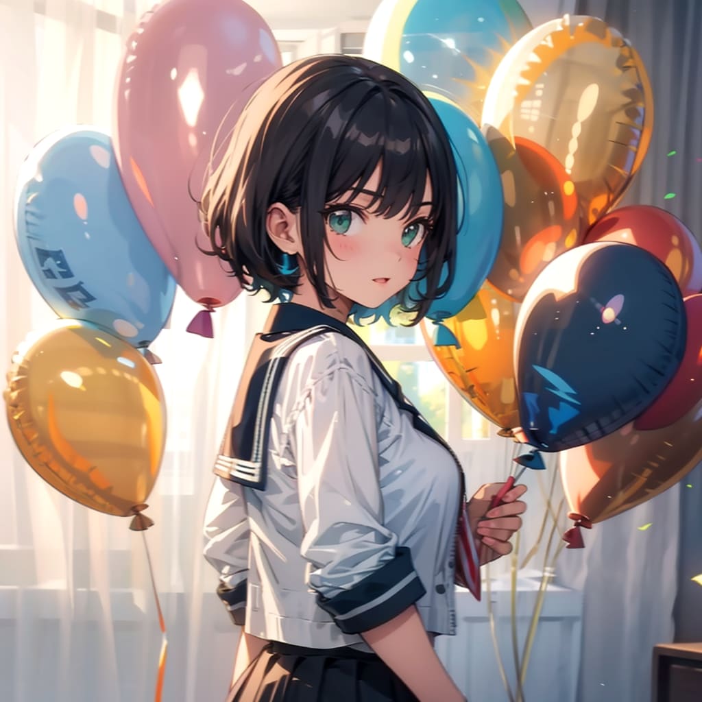 いっぱい色とりどりの風船を持つ黒髪ショートカットの緑色のセーラー服着た美少女