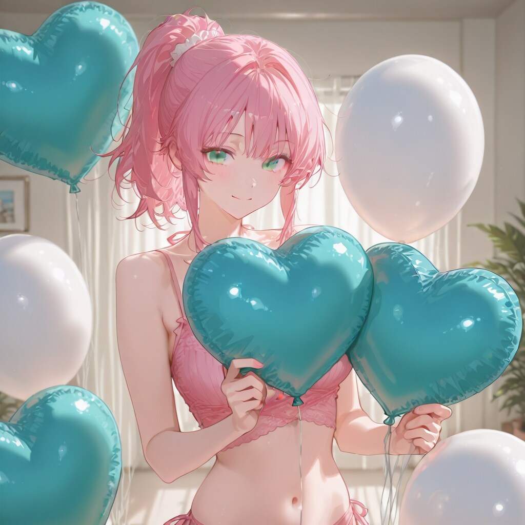 いっぱい風船を持つピンク髪ポニーテールの美女。