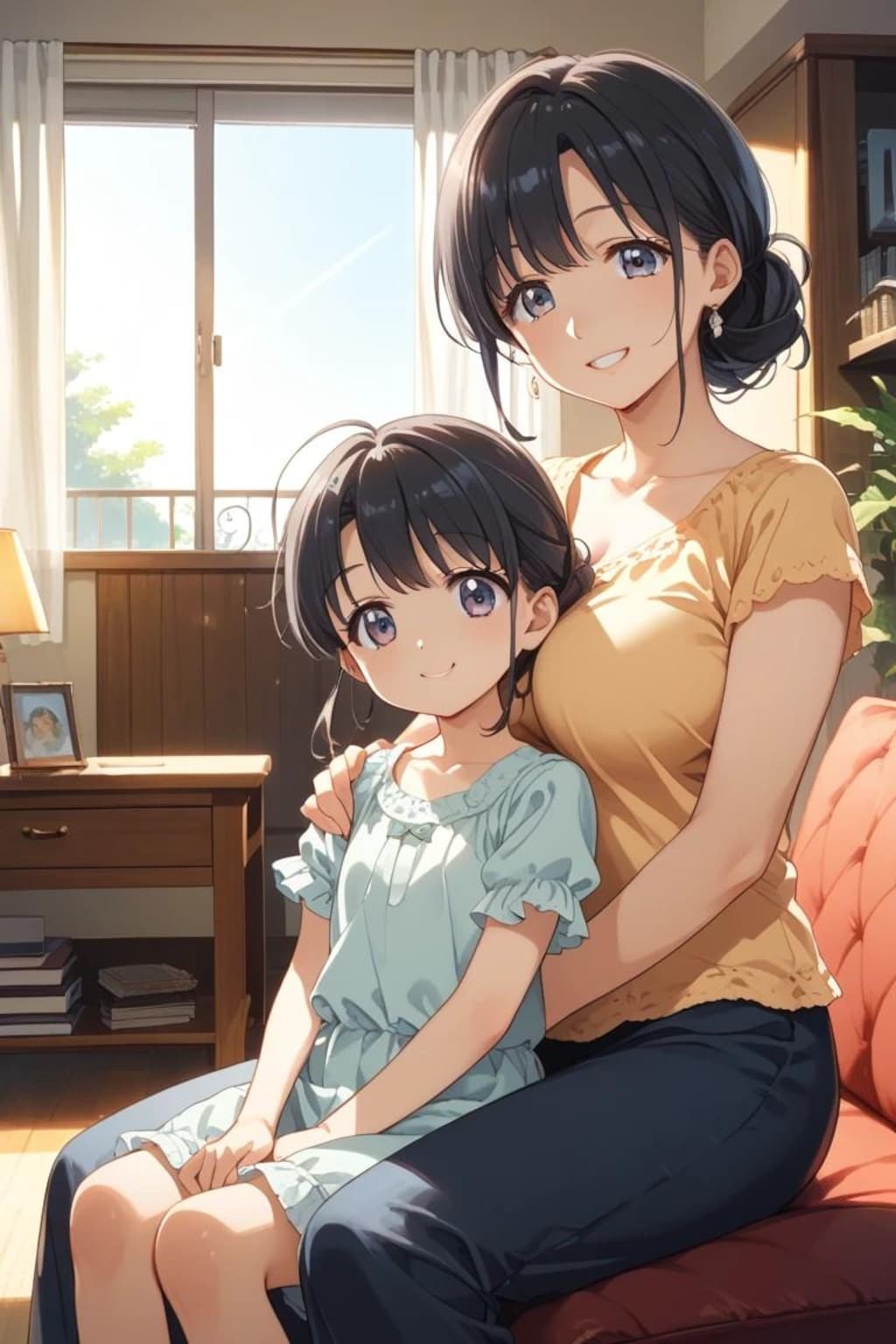 日向ぼっこする親子