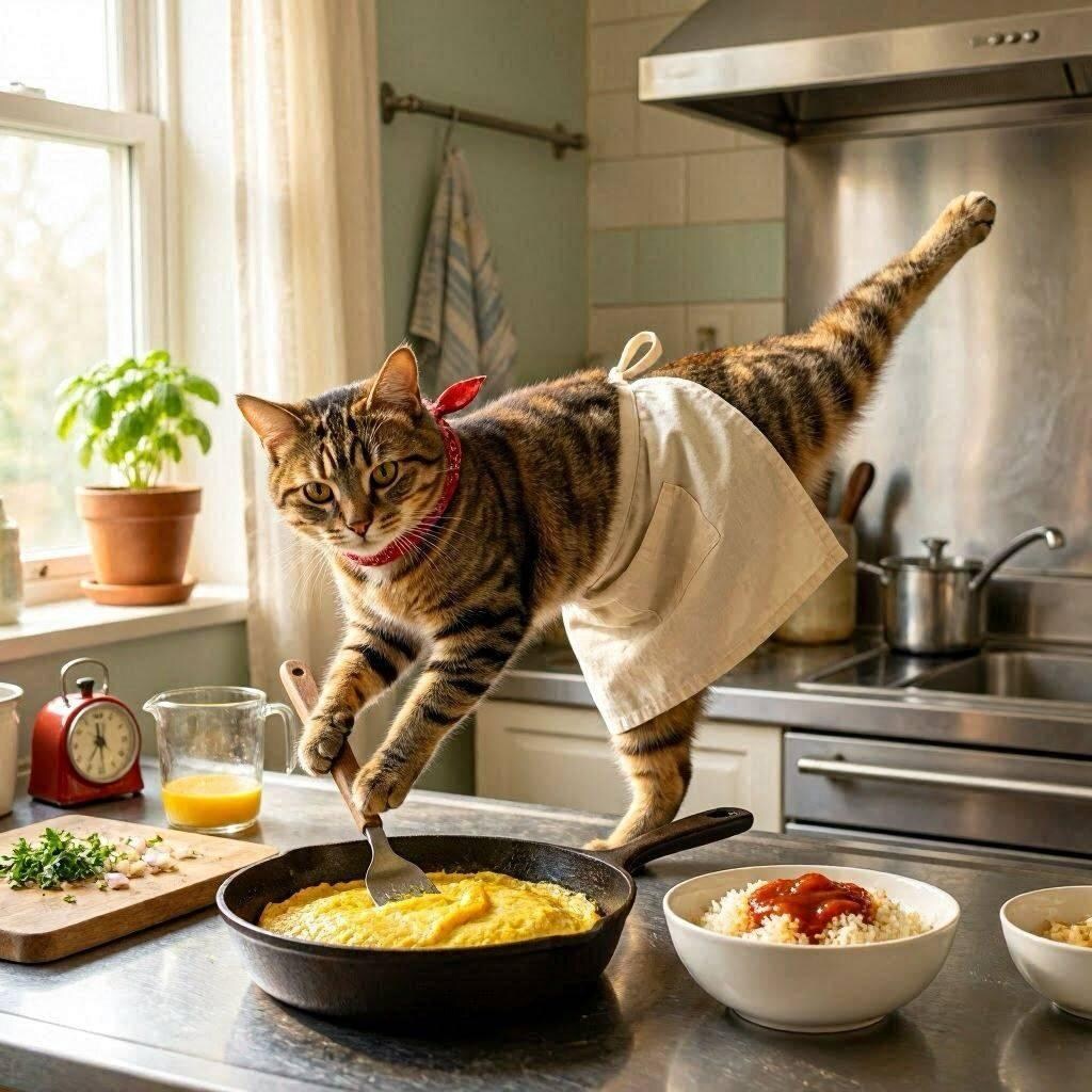 オムライスを作る猫