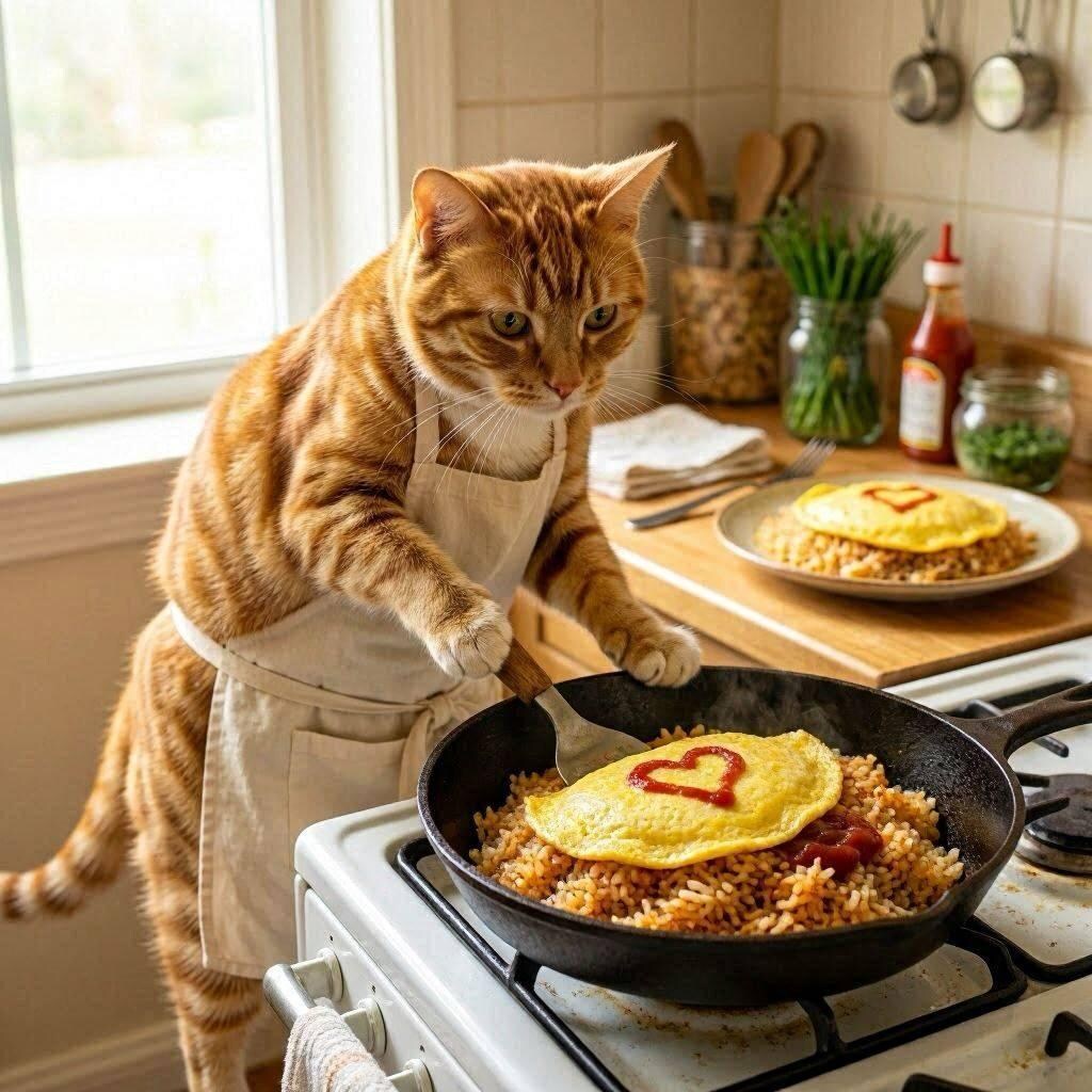オムライスを作る猫