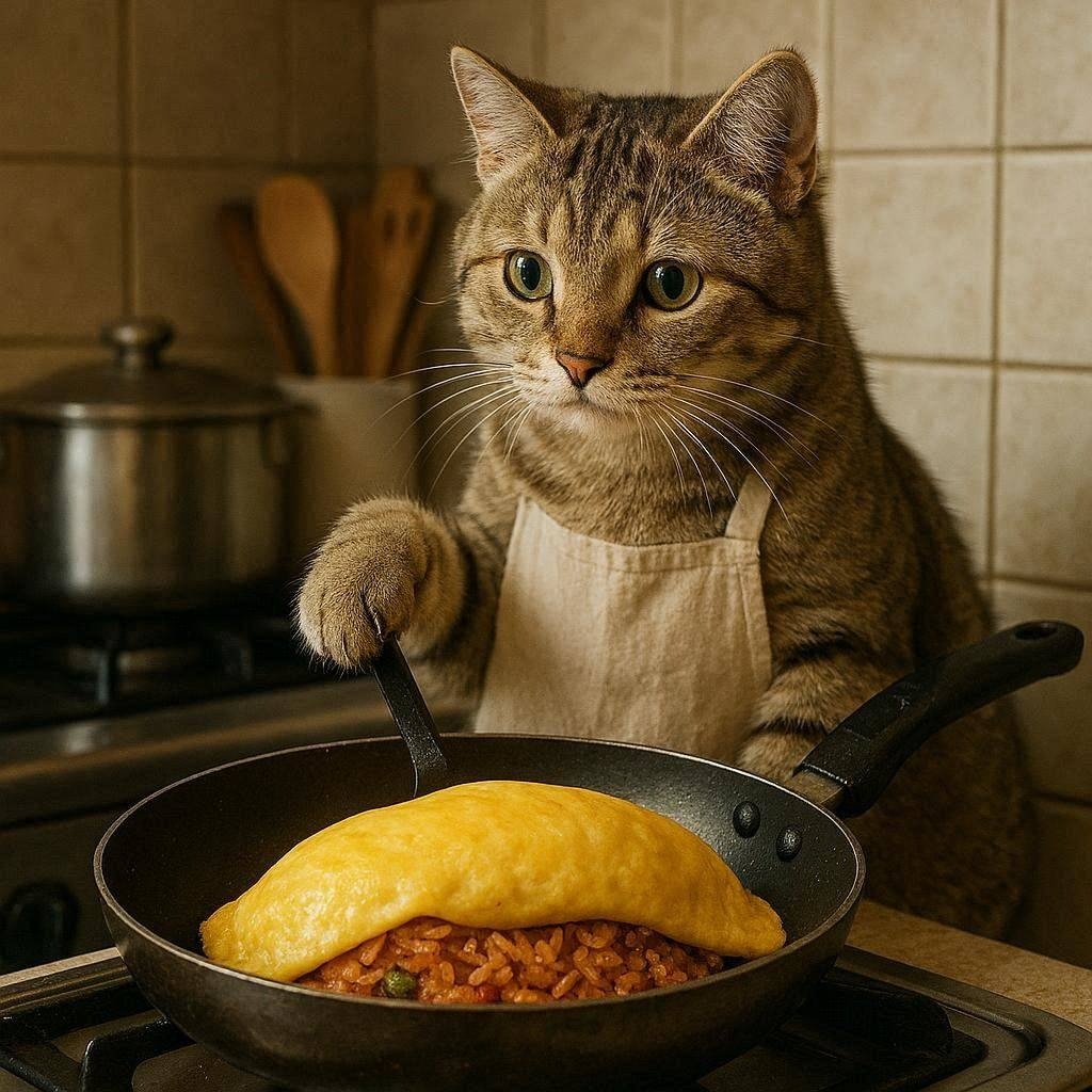 オムライスを作る猫
