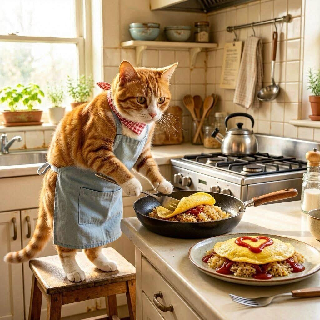 オムライスを作る猫