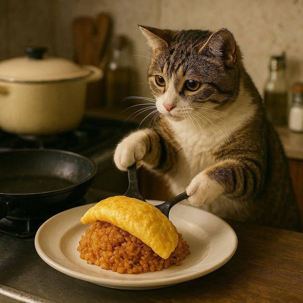 オムライスを作る猫