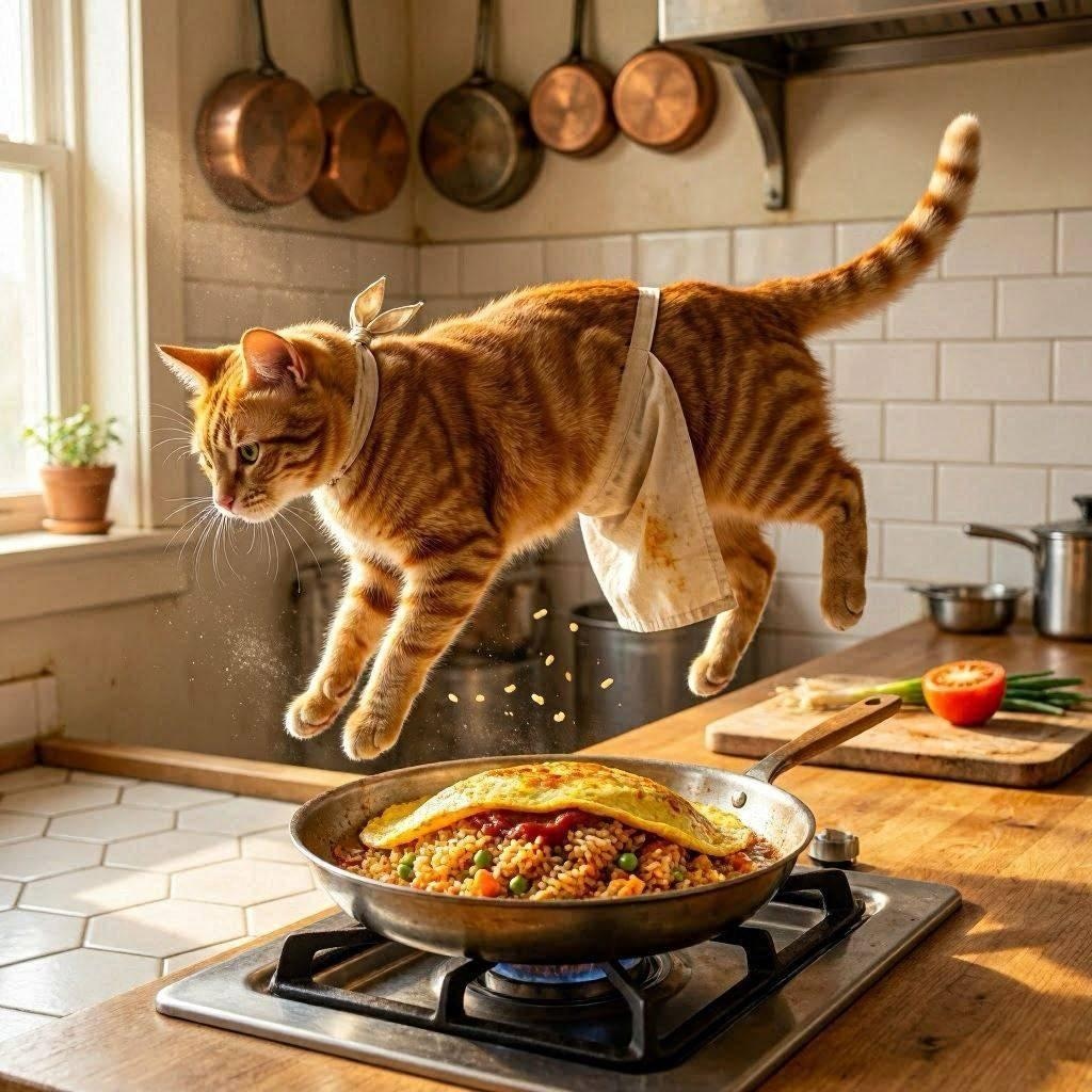 オムライスを作る猫