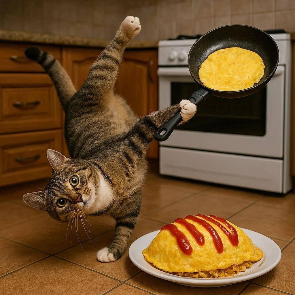 オムライスを作る猫