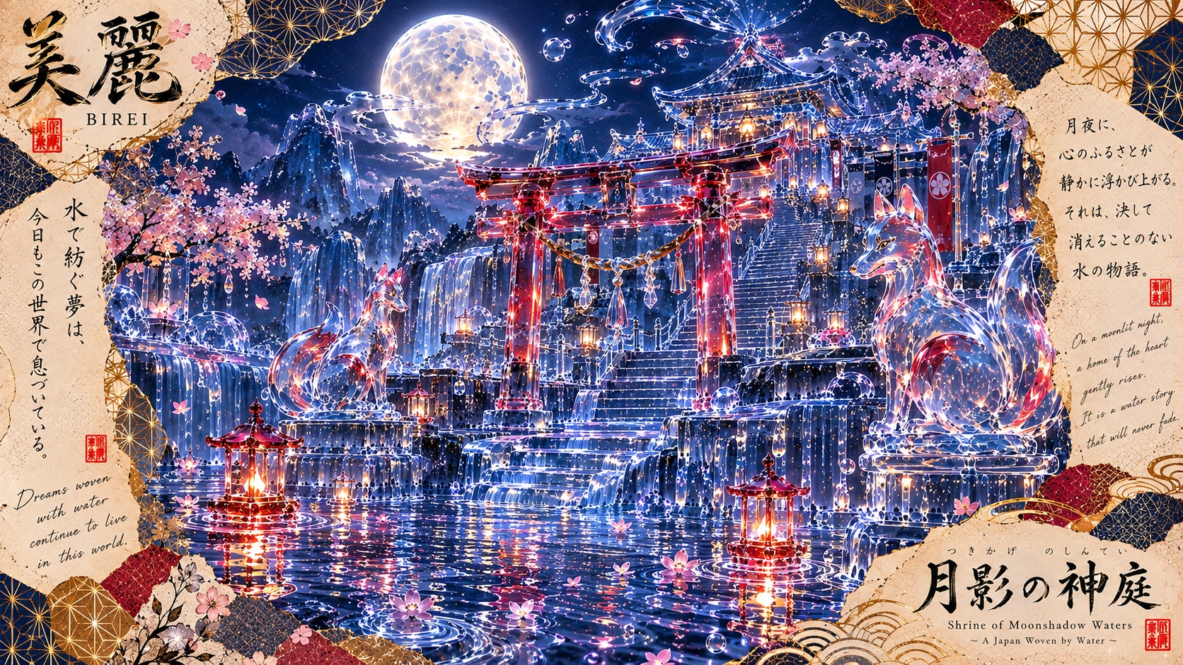 Shrine of Moonshadow Waters  A Japan woven by water.  Beneath the full moon, water falls through hid | の人気AIイラスト・グラビア