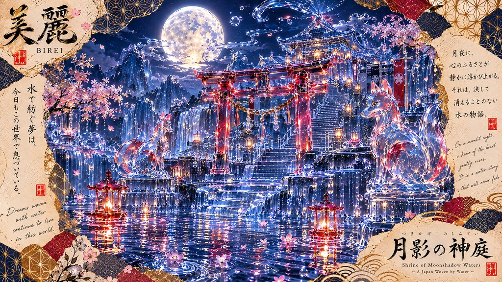 Shrine of Moonshadow Waters  A Japan woven by water.  Beneath the full moon, water falls through hid