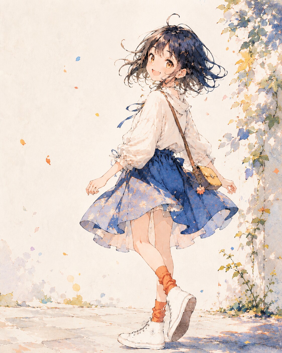 風に揺れる少女と花柄スカート