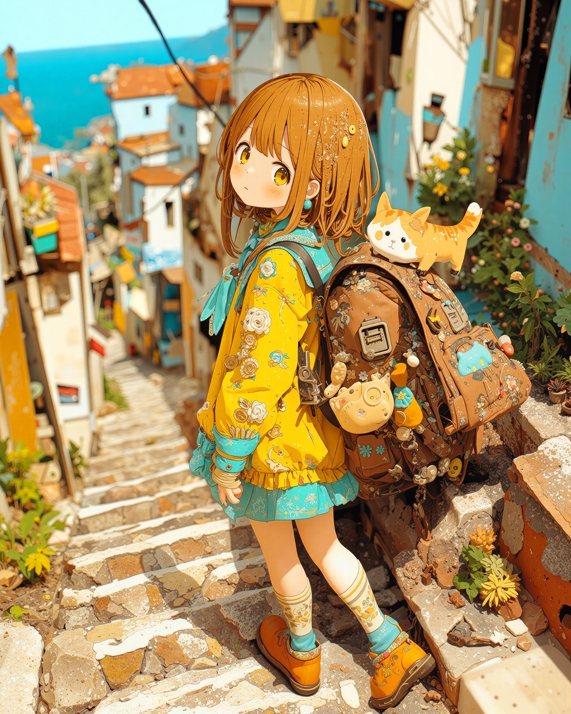 猫と階段と、海のまち | の人気AIイラスト・グラビア