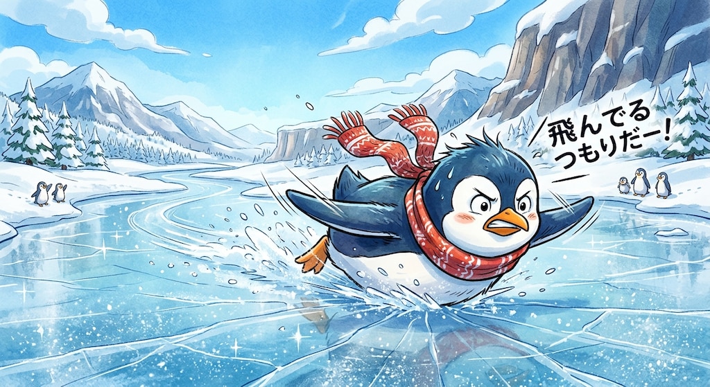 気合いで飛んでる(つもりの)ペンギン